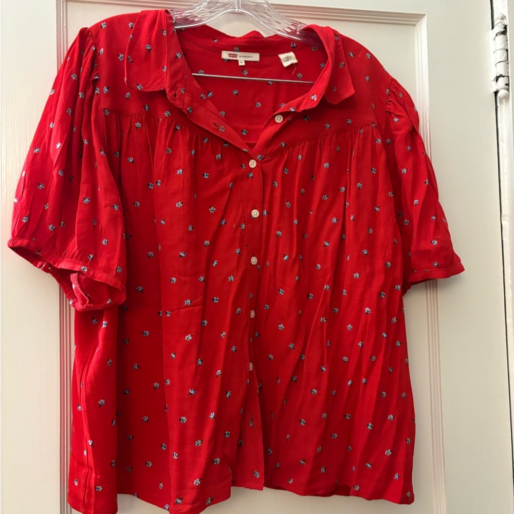 Levi's Red Short-Sleeve Button-Down with Tiny Floral Print